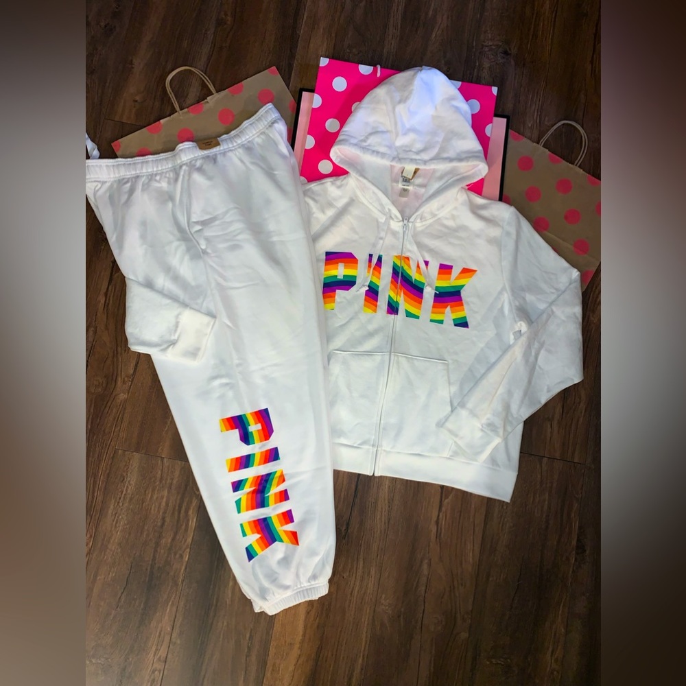 NWT VS PINK SIZE XXL RAINBOW LOGO CAMPUS PANT & FULL ZIP HOODIE SET.